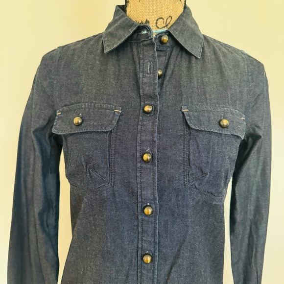 GAP Women Dark Wash Denim Western Fitted Cotton Button Up Shirt Gold Buttons YTK - Picture 3 of 9